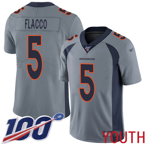 Youth Denver Broncos #5 Joe Flacco Limited Silver Inverted Legend 100th Season Football NFL Jersey->youth nfl jersey->Youth Jersey